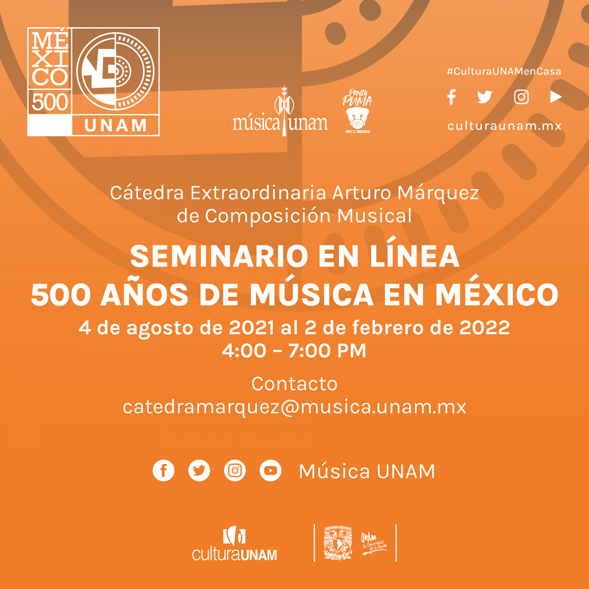 Imagen del seminario 500 años de música en México que incluye las fechas de realización